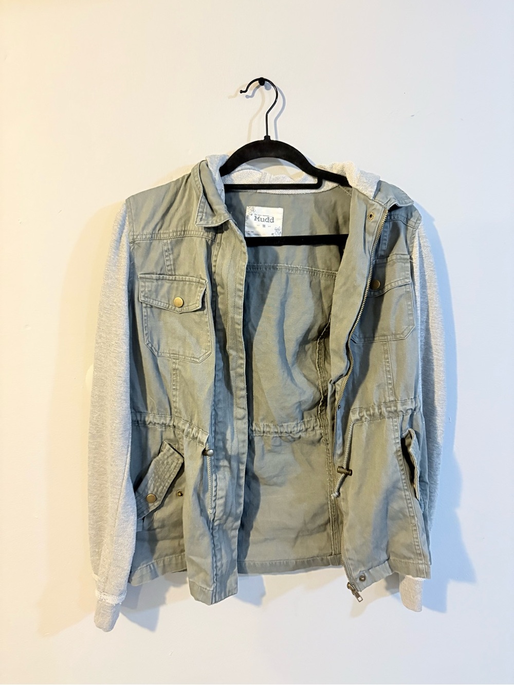 Mudd Women's Light Olive Utility Jacket with Hooded Knit Sleeves- Medium